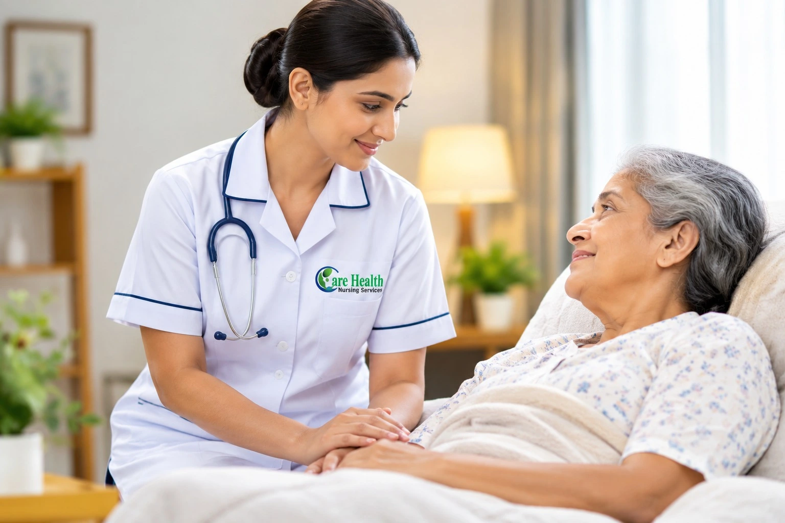 Nurse caring for elderly patient at home